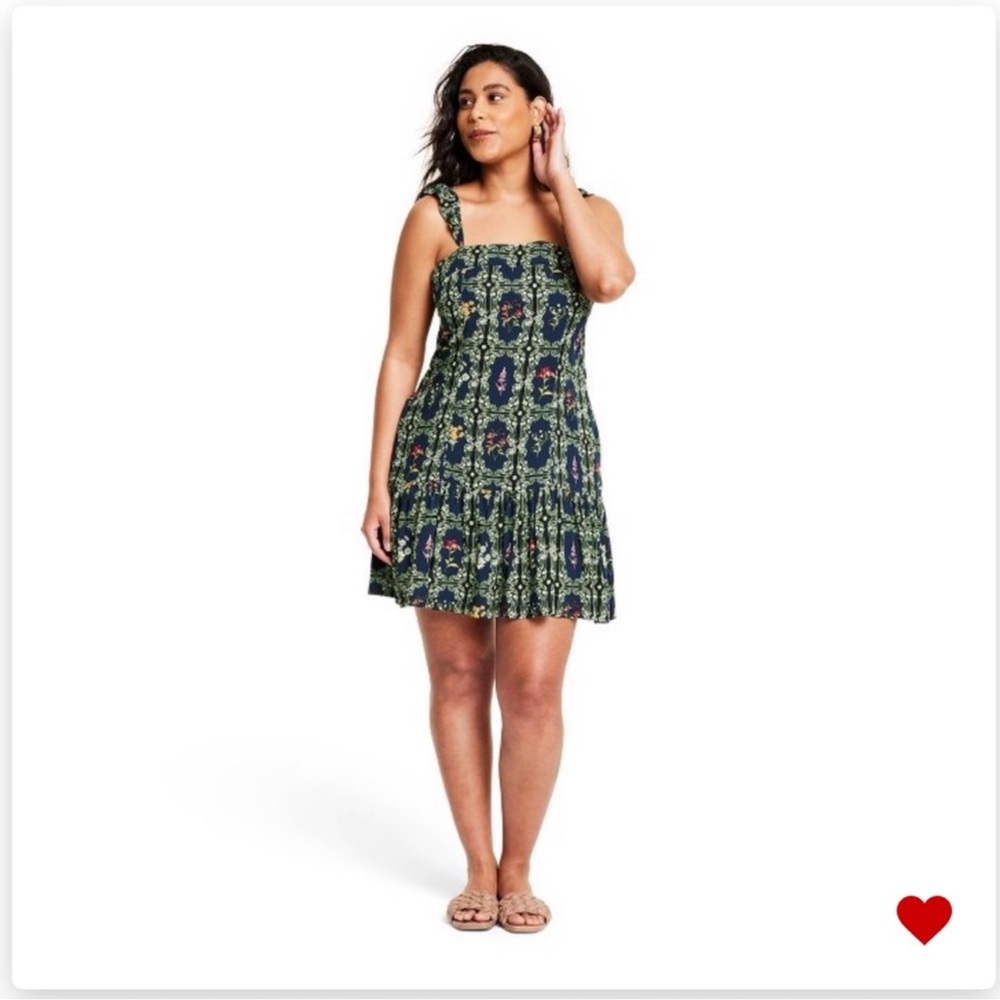 Aguabendita for Target Mini Dress Floral Smocked Pockets Medium Navy Boho